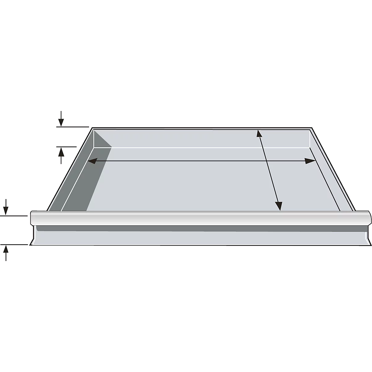 Gray, trapezoidal metal plate with side angle and surrounding edge. Various dimensions are marked by arrows.